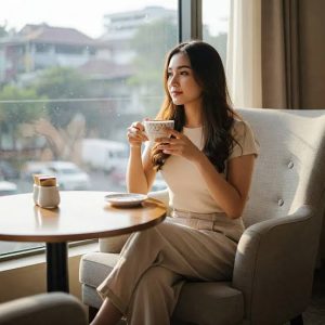 Ilustrasi Wanita Cantik Minum Kopi.